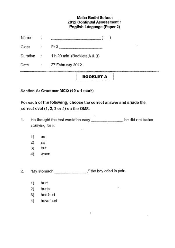 Maha Bodhi P3 Eng WA1 2012 exam paper PDF first page preview