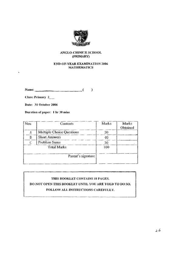 Anglo Chinese P2 Math SA2 2006 exam paper PDF preview