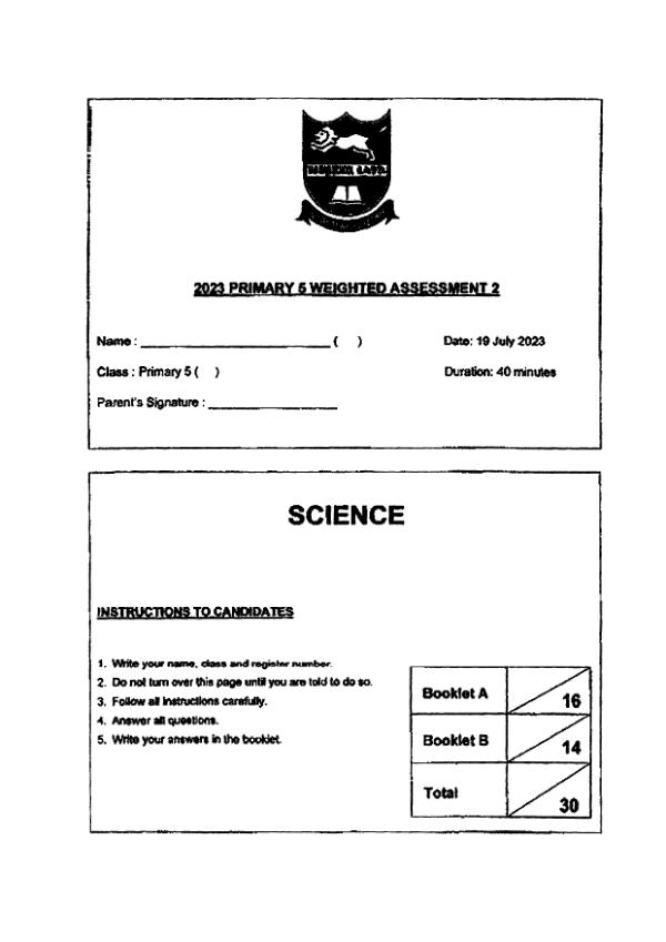 Tao Nan P5 Sci WA3 2023 exam paper PDF first page preview
