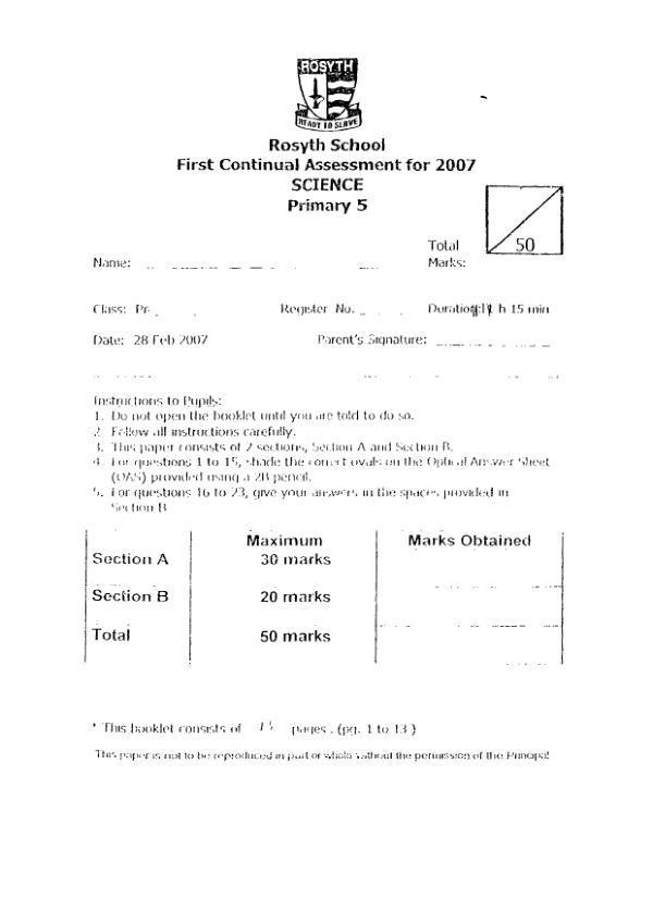 Rosyth P5 Sci WA1 2007 exam paper PDF preview