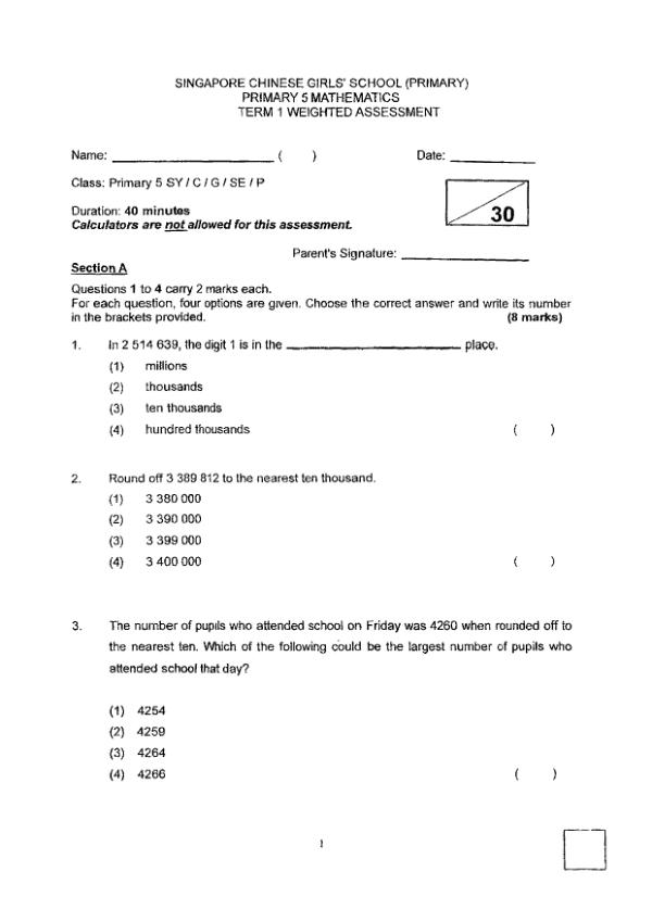 First page preview of P5 Math 2024 WA1 — Singapore Chinese Girls