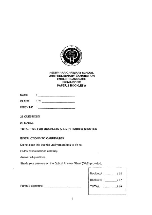 Henry Park P6 Eng SA2 2018 exam paper PDF preview