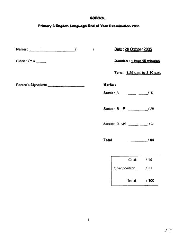 Tao Nan P3 Eng SA2 2005 exam paper PDF first page preview