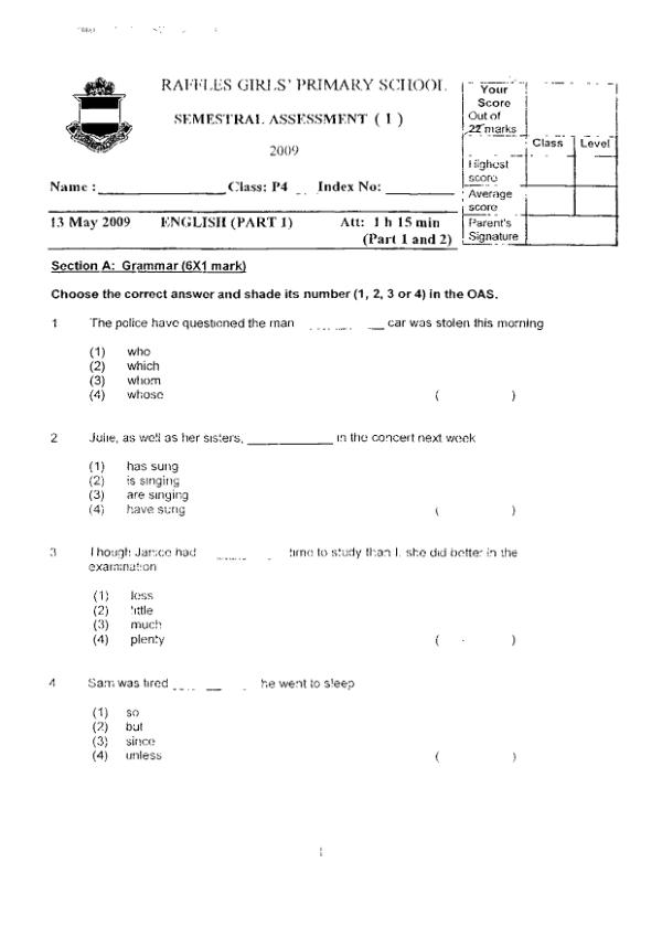 Raffles Girls P4 Eng WA2 2009 exam paper PDF first page preview