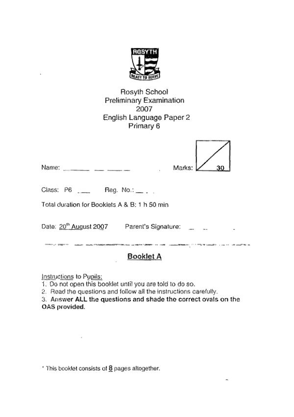 Rosyth P6 Eng SA2 2007 exam paper PDF first page preview