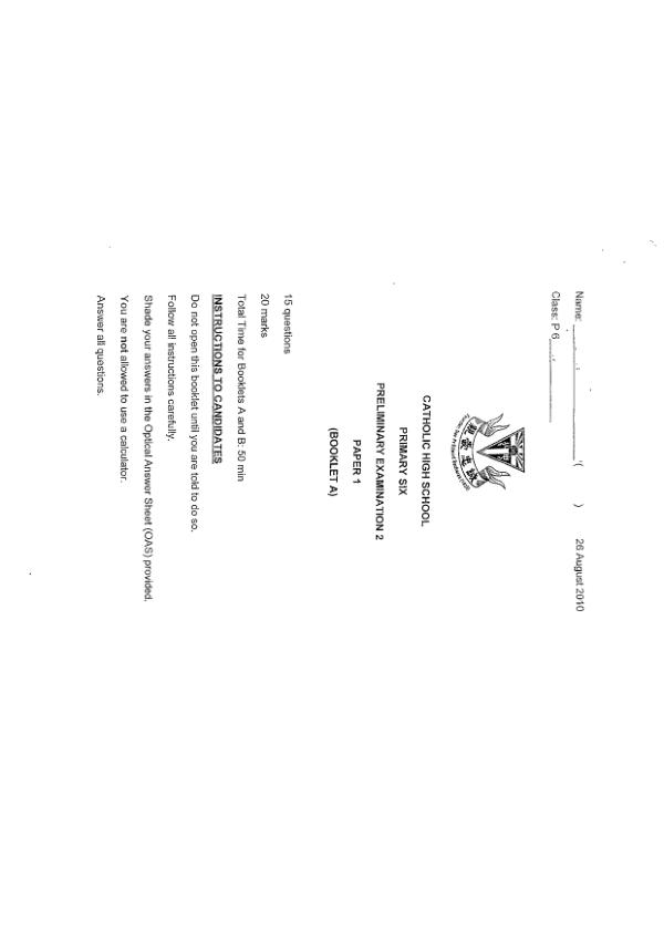 Catholic High P6 Math SA2 2010 exam paper PDF preview