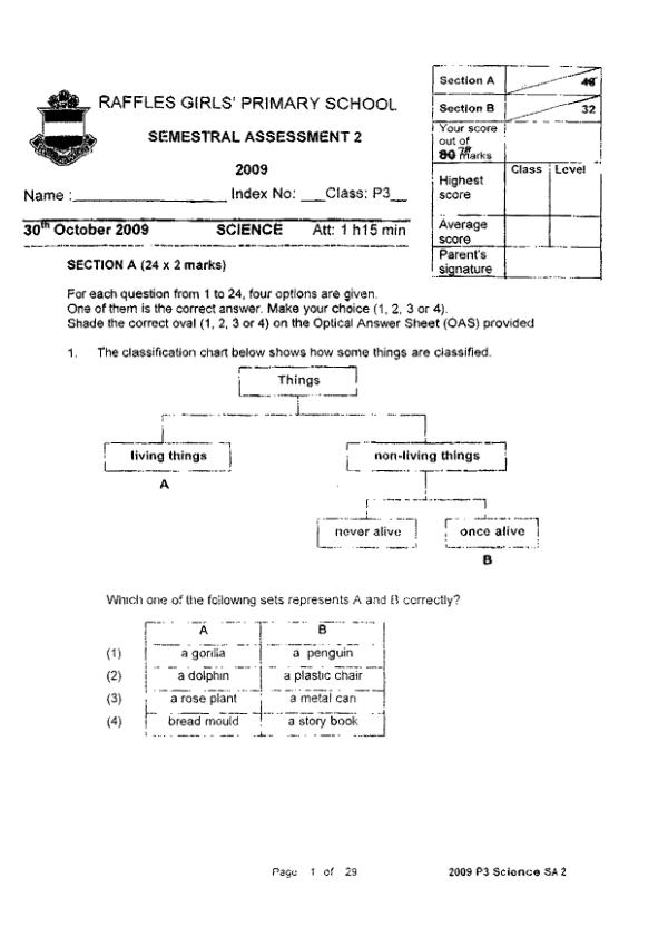 Raffles Girls P3 Sci SA2 2009 exam paper PDF first page preview