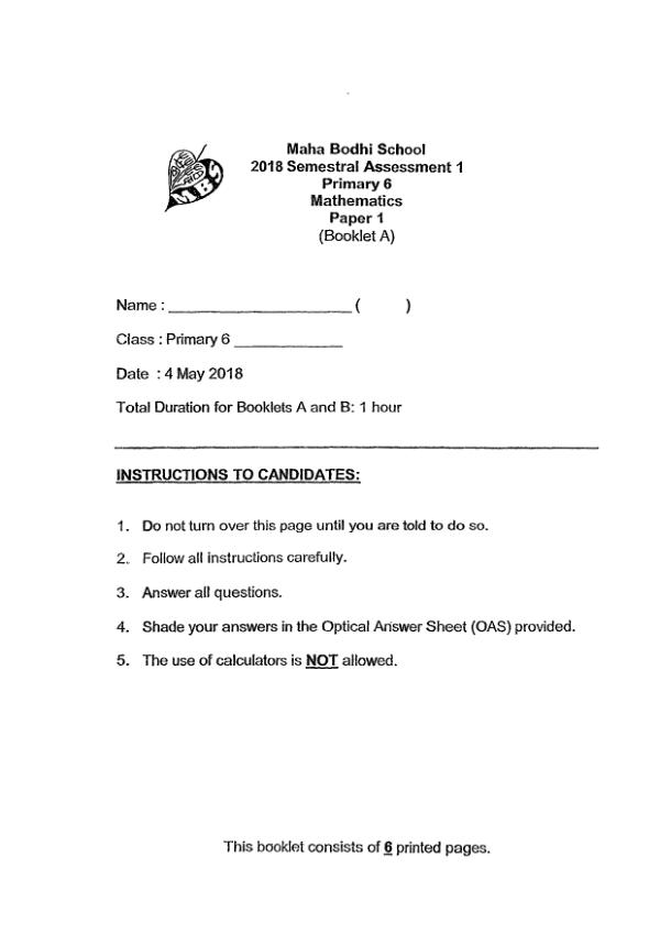 First page preview of P6 Math 2018 WA2 — Maha Bodhi