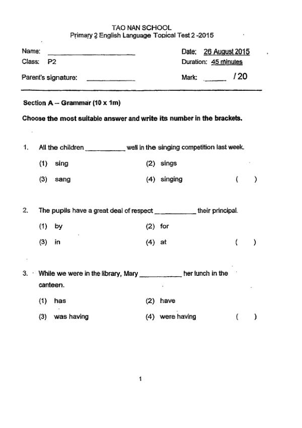 Tao Nan P2 Eng WA3 2015 exam paper PDF first page preview