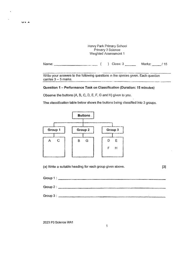 Henry Park P3 Sci WA1 2023 exam paper PDF first page preview
