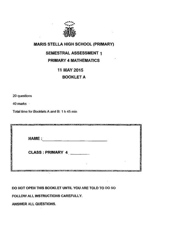 First page preview of P4 Math 2015 WA2 — Maris Stella High