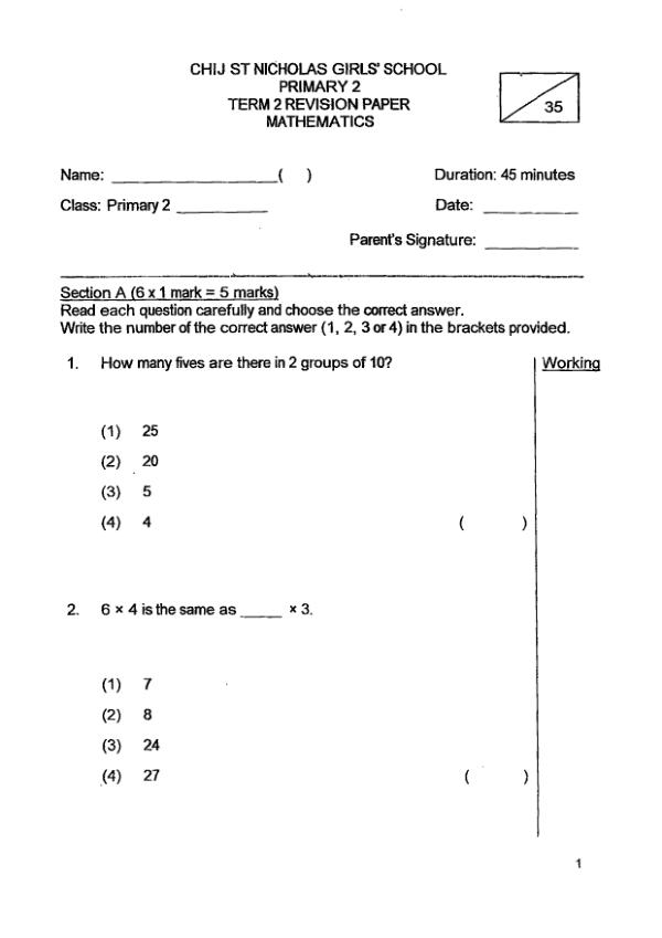 First page preview of P2 Math 2019 WA2 — CHIJ