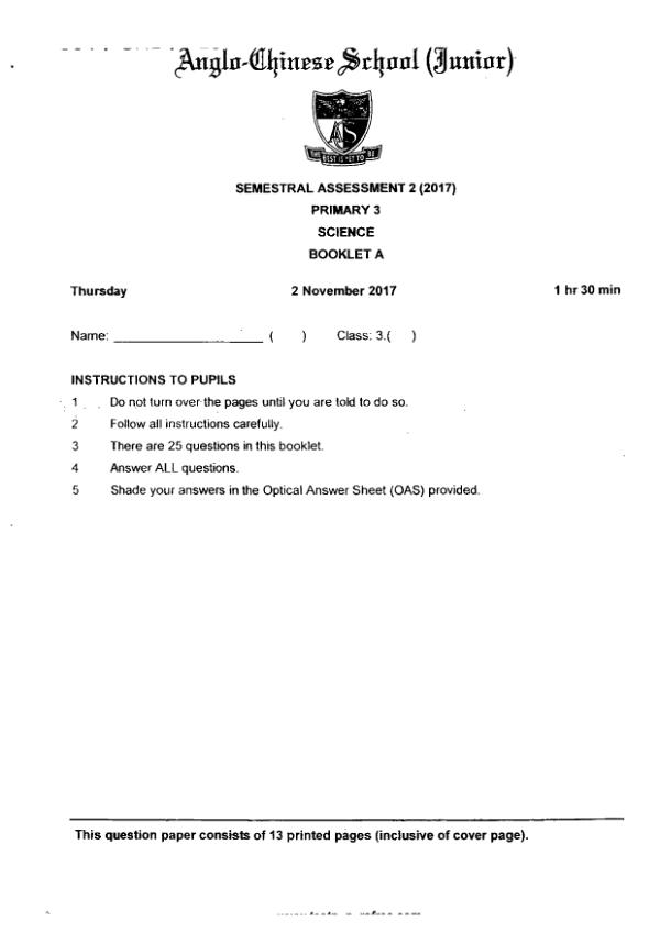 Anglo Chinese P3 Sci SA2 2017 exam paper PDF first page preview