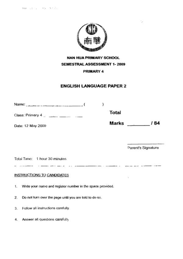 Nan Hua P4 Eng WA2 2009 exam paper PDF first page preview