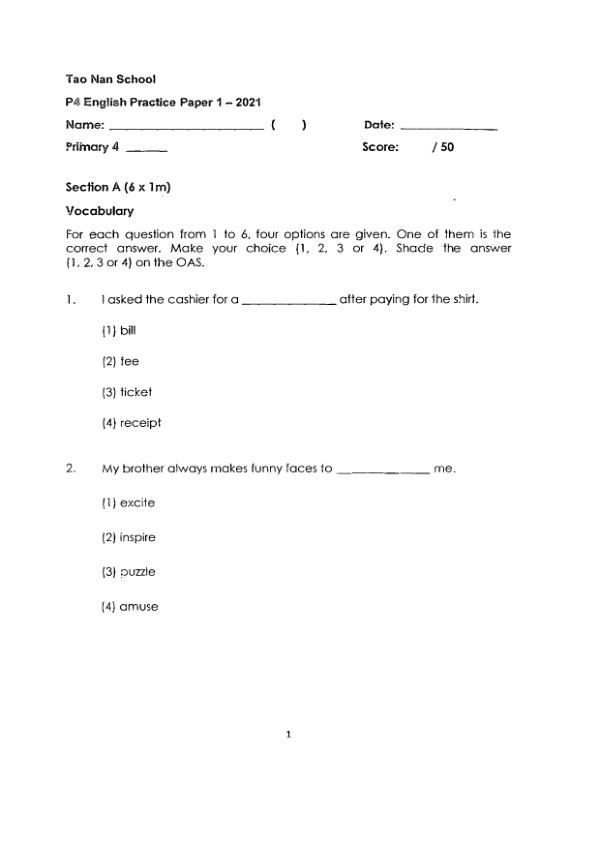 Tao Nan P4 Eng WA3 2021 exam paper PDF first page preview