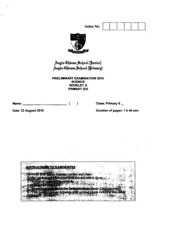 Anglo Chinese P6 Sci SA2 2016 exam paper PDF preview