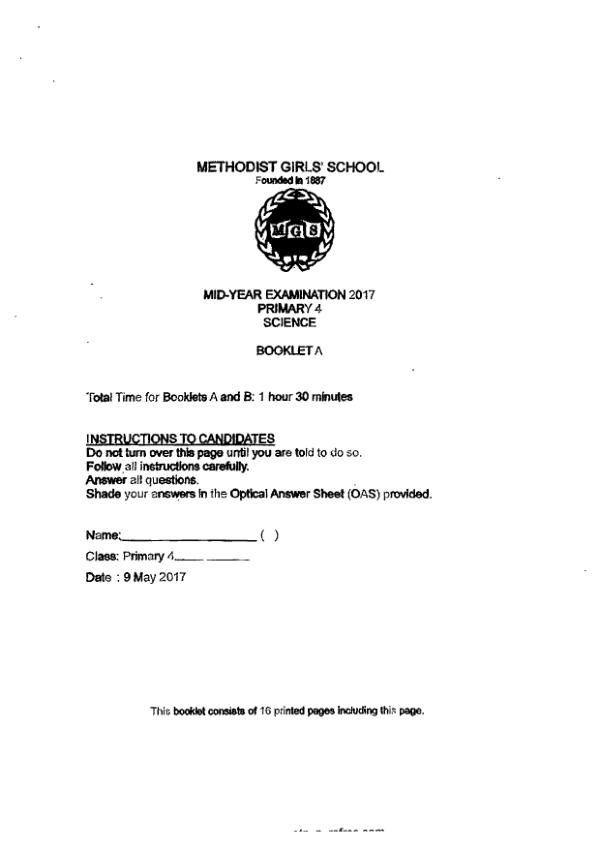 Methodist Girls P4 Sci WA2 2017 exam paper PDF first page preview