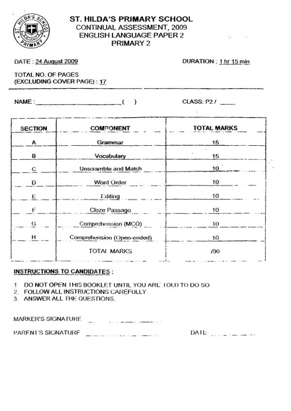 St Hildas P2 Eng WA3 2009 exam paper PDF preview