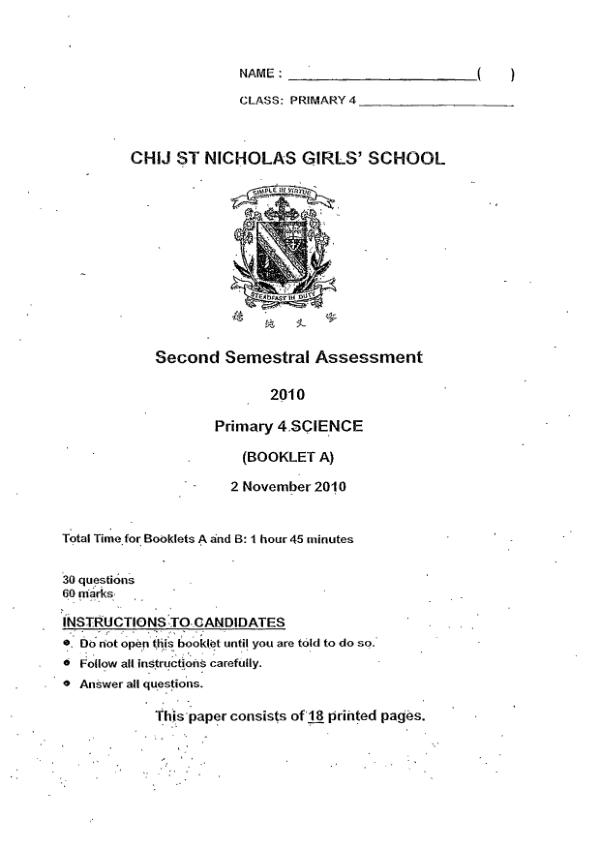 CHIJ P4 Sci SA2 2010 exam paper PDF first page preview