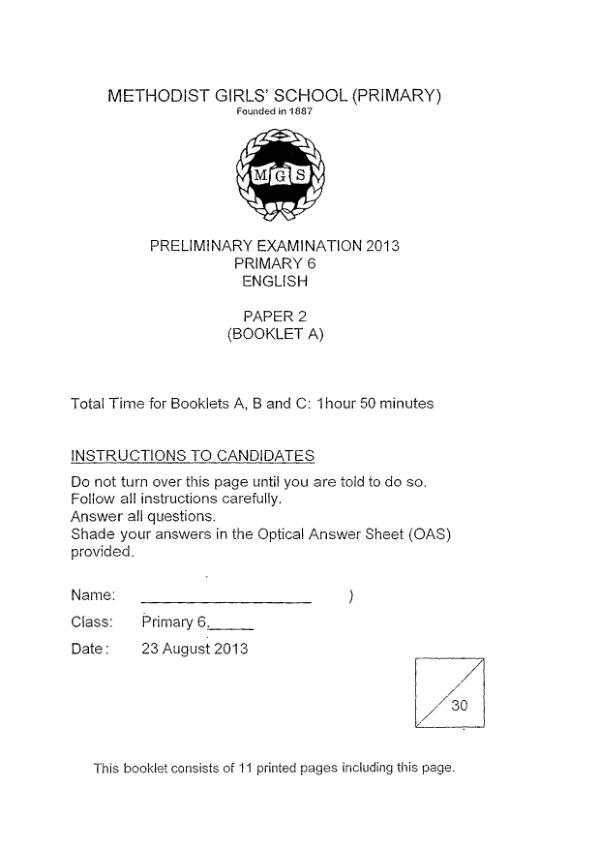 Methodist Girls P6 Eng SA2 2013 exam paper PDF preview