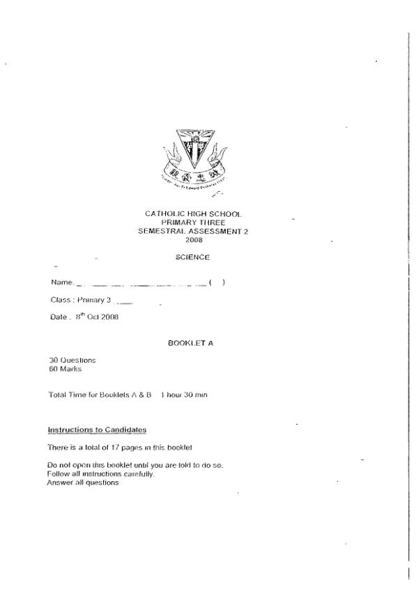 Catholic High P3 Sci SA2 2008 exam paper PDF first page preview