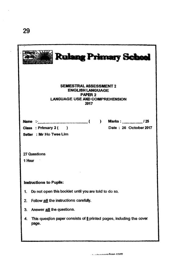 Rulang P2 Eng SA2 2017 exam paper PDF preview