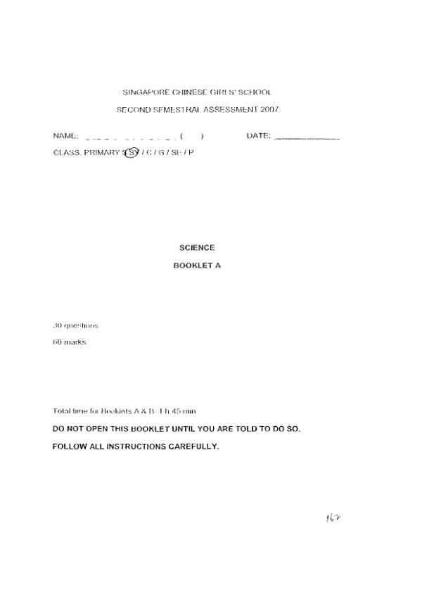 Singapore Chinese Girls P5 Sci SA2 2007 exam paper PDF preview