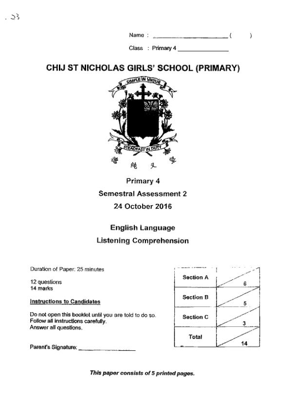CHIJ P4 Eng SA2 2016 exam paper PDF first page preview