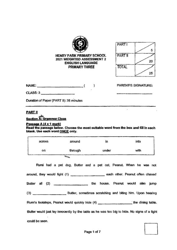 Henry Park P3 Eng WA3 2021 exam paper PDF preview