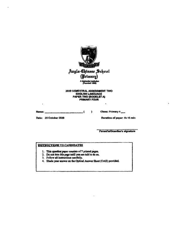 Anglo Chinese P4 Eng SA2 2020 exam paper PDF preview