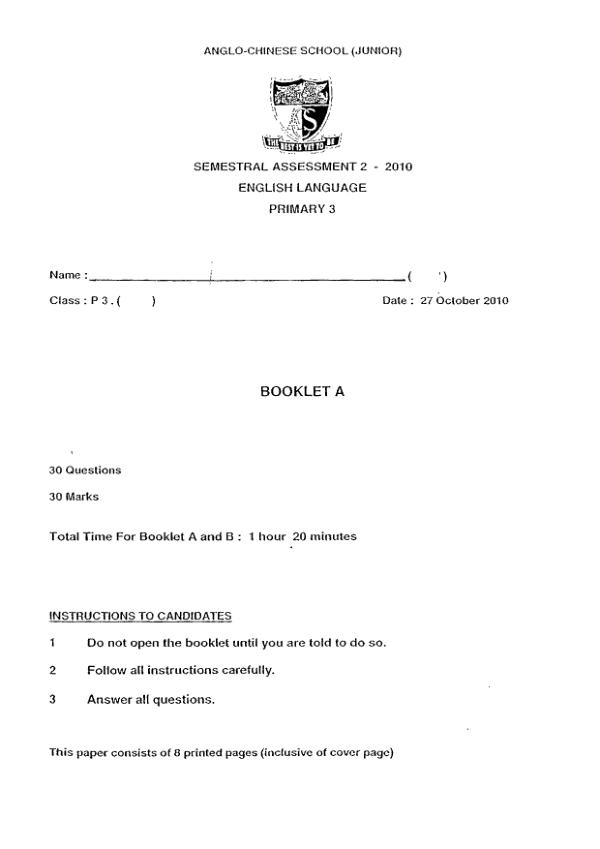 Anglo Chinese P3 Eng SA2 2010 exam paper PDF preview