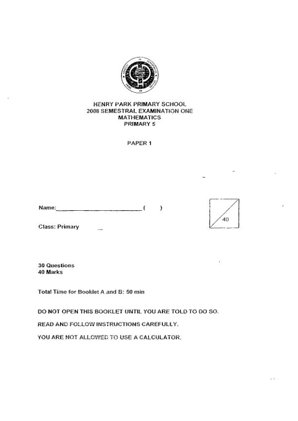 Henry Park P5 Math WA2 2008 exam paper PDF preview