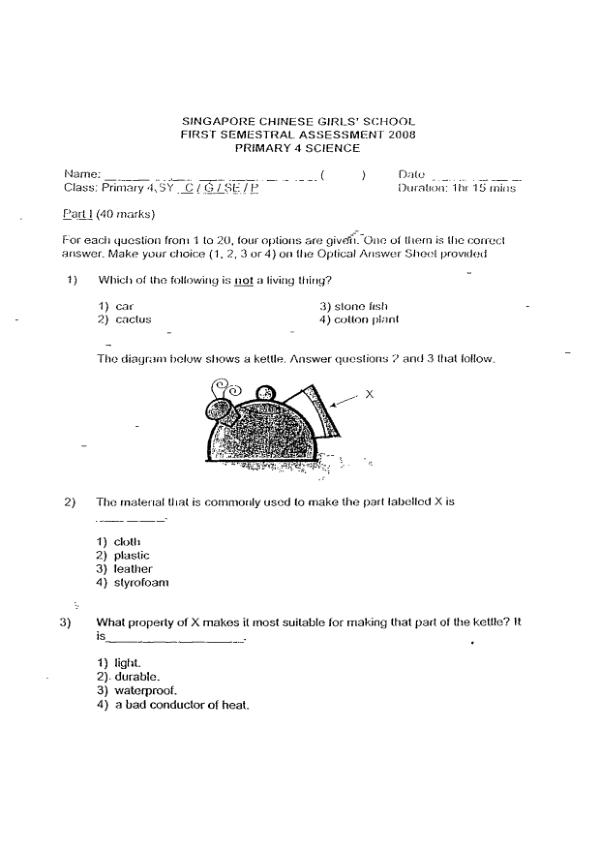 Singapore Chinese Girls P4 Sci WA2 2008 exam paper PDF preview