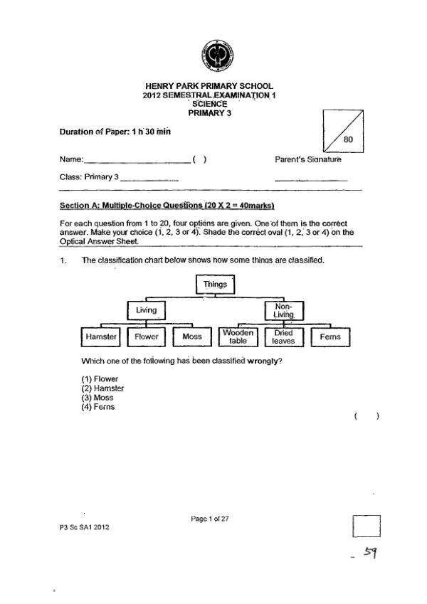 Henry Park P3 Sci WA2 2012 exam paper PDF preview