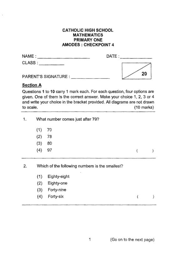 First page preview of P1 Math 2018 WA2 — Catholic High