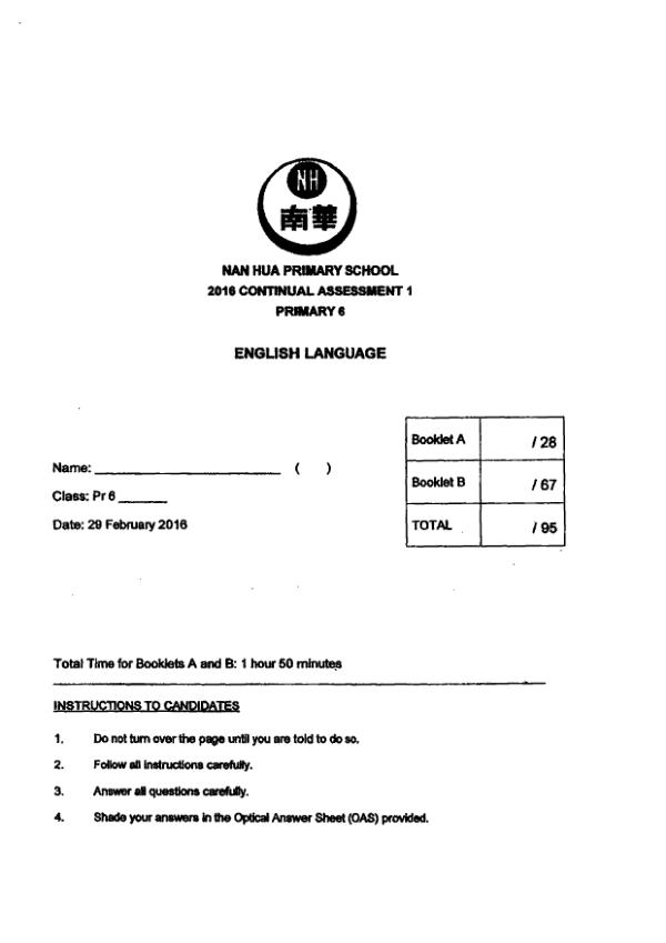 Nan Hua P6 Eng WA1 2016 exam paper PDF preview