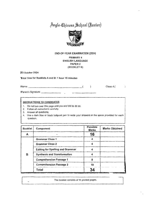 First page preview of P4 Eng 2024 SA2 — Anglo Chinese