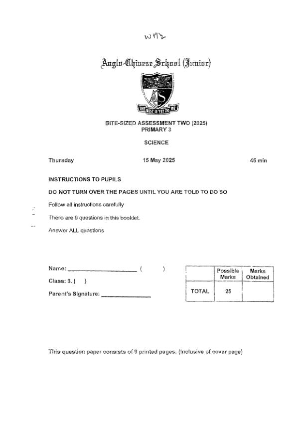 First page preview of P3 Sci 2025 WA2 — Anglo Chinese