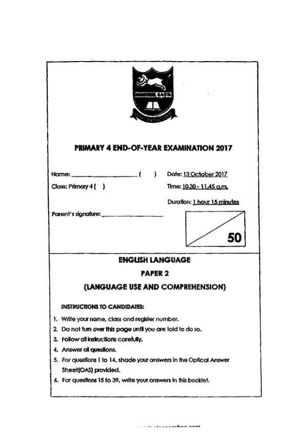 Tao Nan P4 Eng SA2 2017 exam paper PDF first page preview