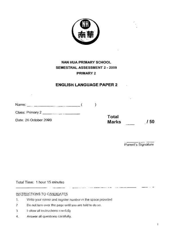 Nan Hua P2 Eng SA2 2009 exam paper PDF preview