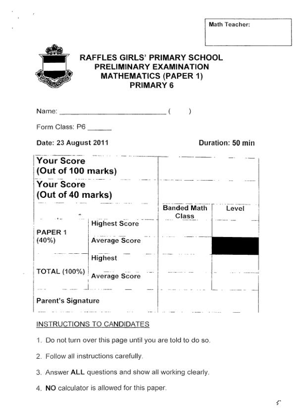 Raffles Girls P6 Math SA2 2011 exam paper PDF preview