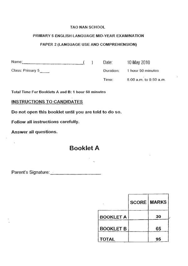 Tao Nan P5 Eng WA2 2010 exam paper PDF first page preview