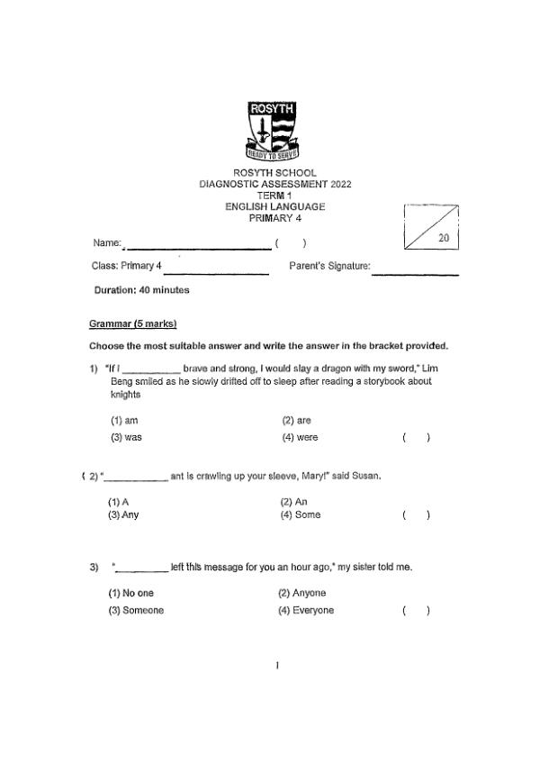 Rosyth P4 Eng WA1 2022 exam paper PDF preview