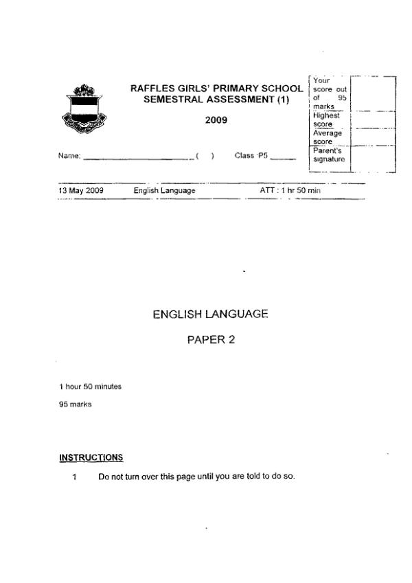 Raffles Girls P5 Eng WA2 2009 exam paper PDF preview