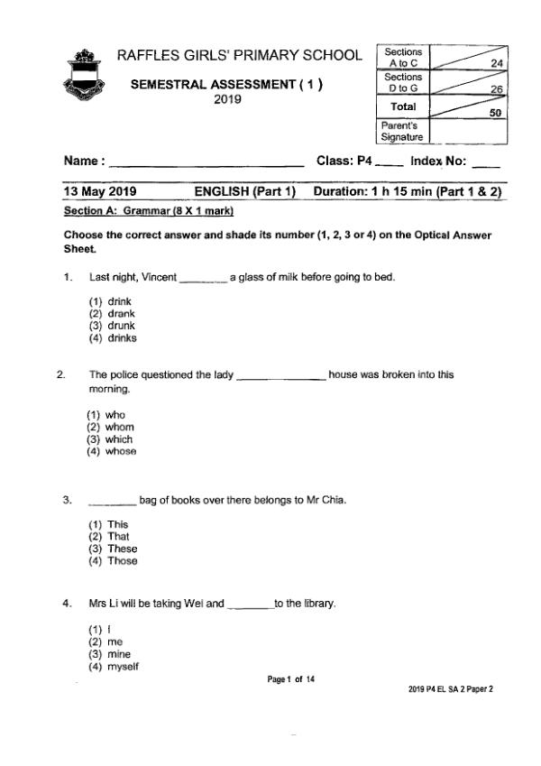 Raffles Girls P4 Eng WA2 2019 exam paper PDF first page preview