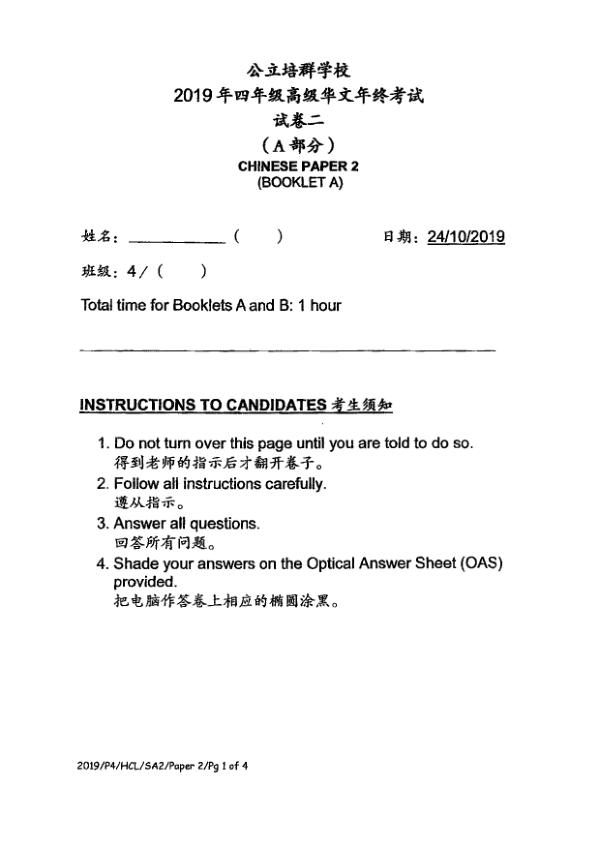 Pei Chun P4 Chi SA2 2019 exam paper PDF first page preview