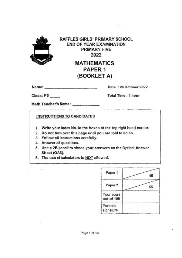 First page preview of P5 Math 2022 SA2 — Raffles Girls