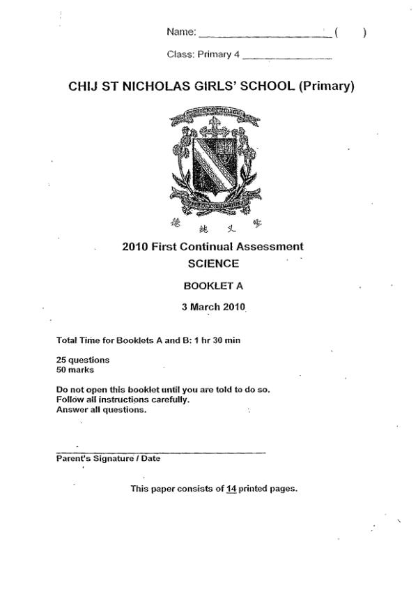 CHIJ P4 Sci WA1 2010 exam paper PDF first page preview