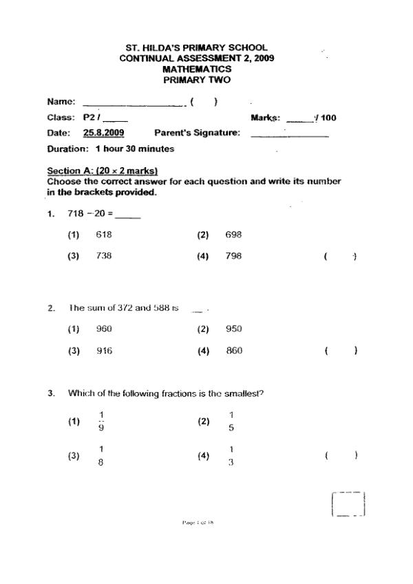 St Hildas P2 Math WA3 2009 exam paper PDF preview
