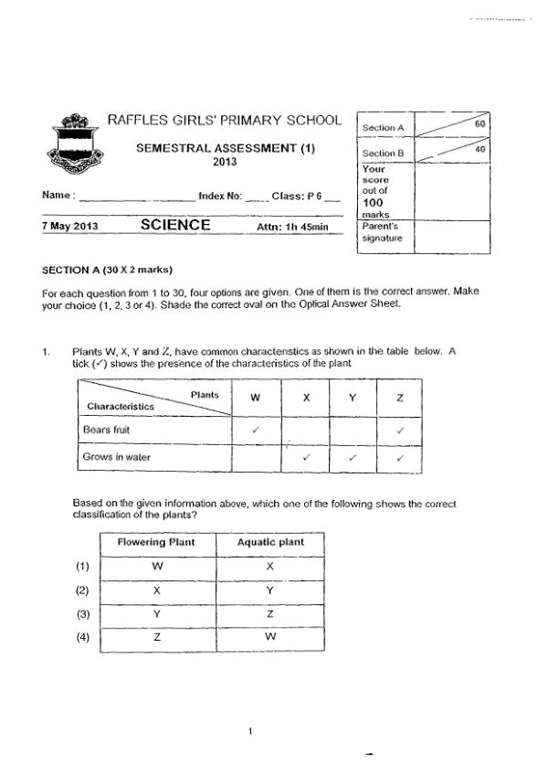 Raffles Girls P6 Sci WA2 2013 exam paper PDF preview
